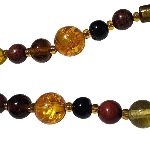 Retro Glass Beaded Necklace Amber Black Brown Square Pendant Boho Jewelry Women - Picture 3 of 6